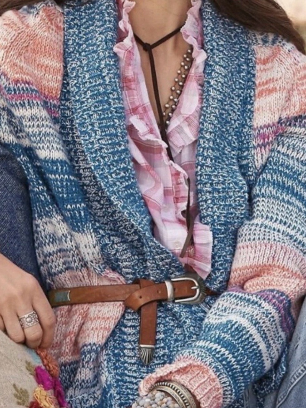 Sundance Blue and Pink Multicolor Shawl-Collar Cardigan